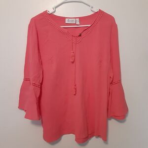 Denim & Co Top Womens M Pink Tassel 3/4 Ruffled Sleeve V Neck